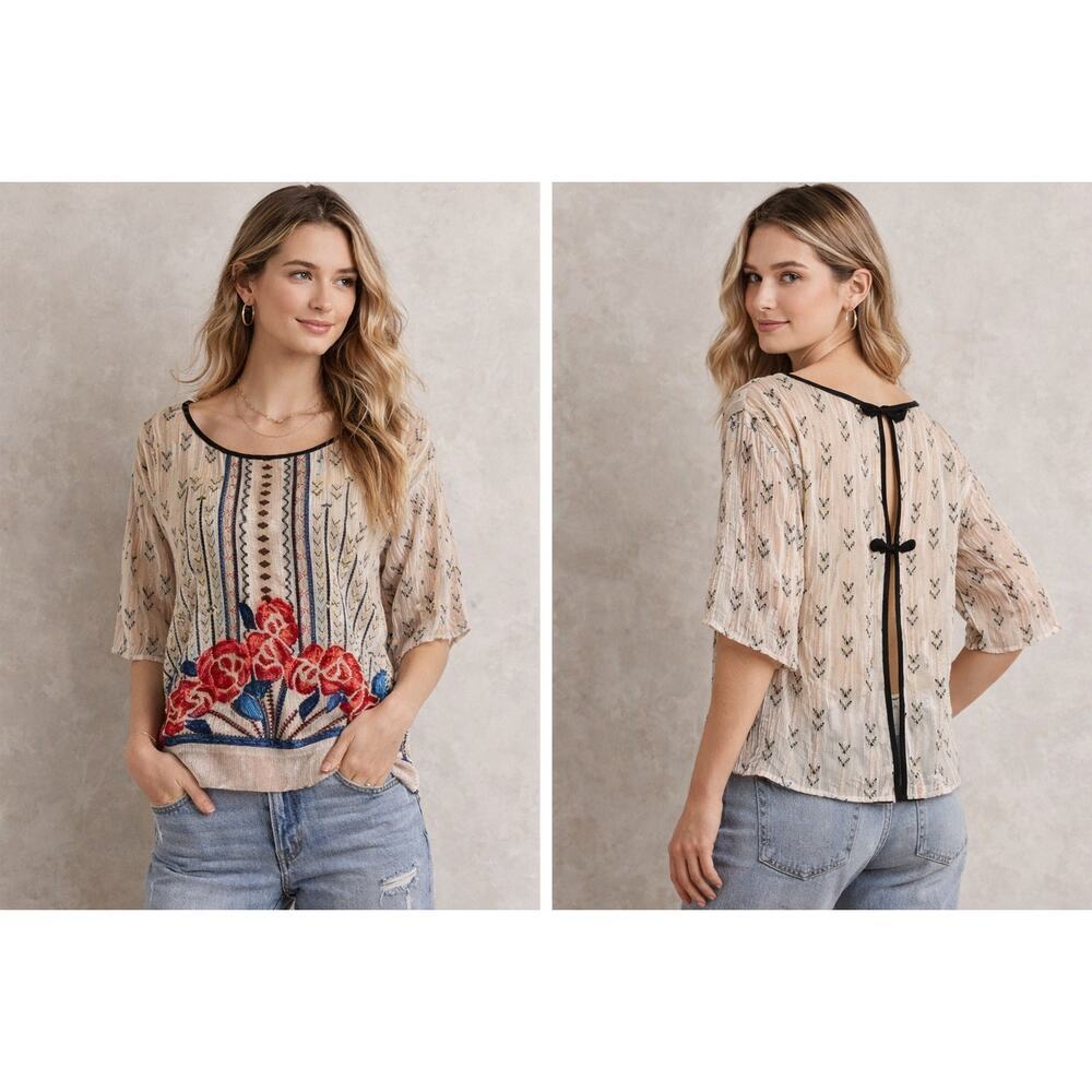 Anthropologie Moulinette Soeurs Posey Peasant Blouse XS Velvet Floral Metallic